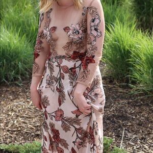 Silk Maxi Dress with Mesh Floral Appliqué Bodice